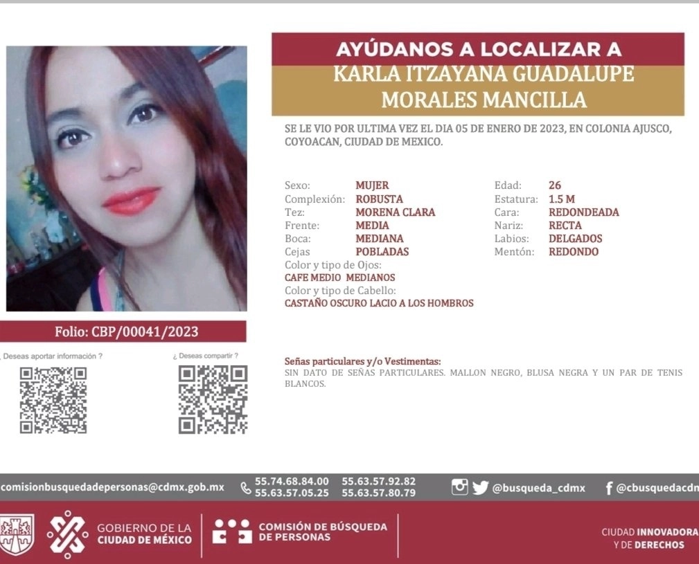 Ficha de búsqueda de Karla Morales Mancilla, quien fue vista por última vez en la Colonia Ajusco, en la alcaldía Coyoacán, en la Ciudad de México. Foto ‘La Jornada’