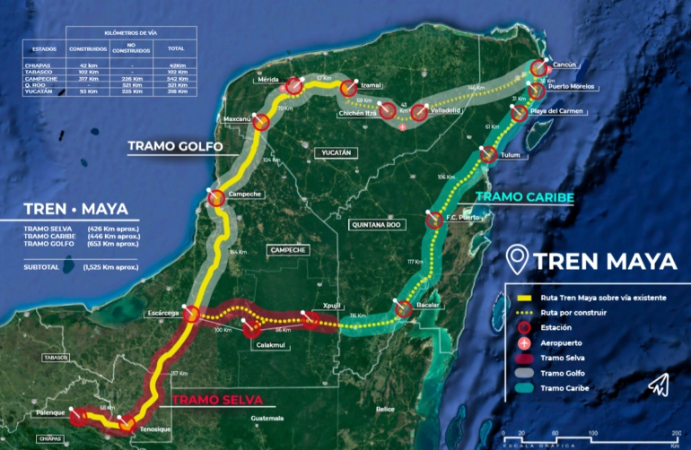 El Tren Maya pasará por 45 municipios de Campeche, Chiapas, Tabasco y Yucatán, con un recorrido de 631 kilómetros. Foto Notimex / Archivo