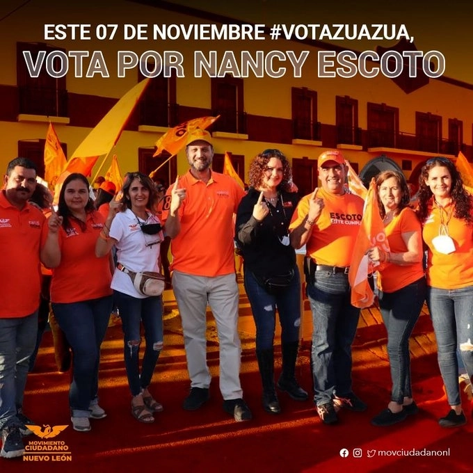 La candidata de MC, Nancy Gutiérrez Arrambide (de negro), en medio de sus seguidores. Foto @MovCiudadanoNL
 