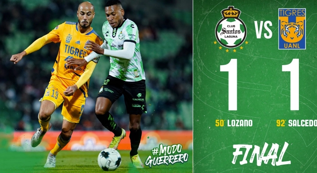 Cuando todo parecía indicar que Caixinha y los Guerreros se quedarían con el triunfo, Salcedo consiguió la igualada 1-1 para Tigres. Foto @ClubSantos