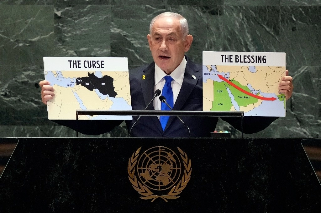 El primer ministro israelí, Benjamín Netanyahu, durante su participación en el 79 periodo de sesiones de la Asamblea General de la ONU, el 27 de septiembre de 2024. Foto Ap