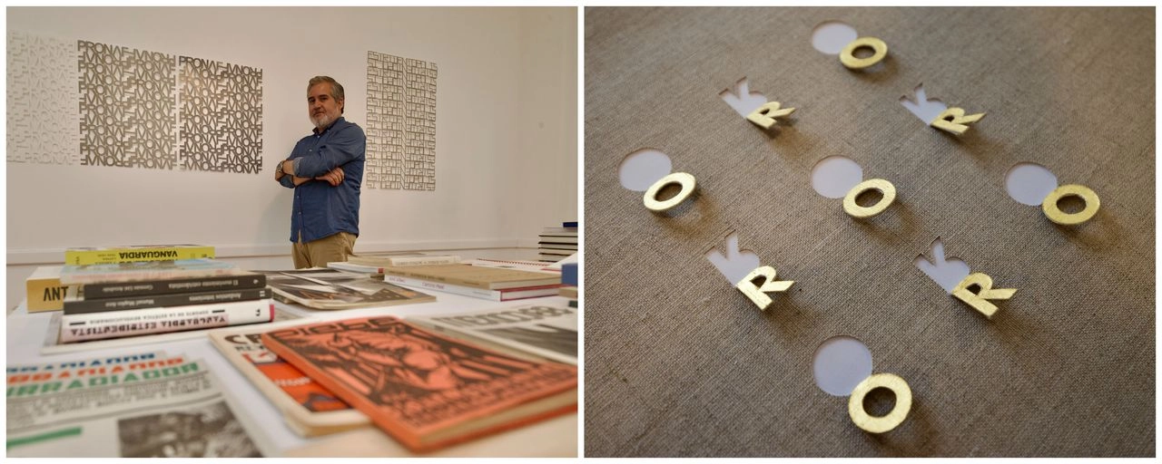 Por medio de una treintena de piezas elaboradas en papel recortado, vinil, oro y cemento sobre tela, el artista coahuilense recrea en la exposición un entramado de referencias históricas, vínculos entre México y España, y guiños a figuras del arte y la arquitectura como Mario Pani, Félix Candela y Vicente Rojo.