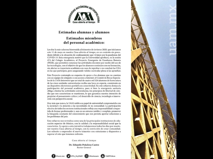 Imagen del mensaje del rector de la UAM dirigido a la comunidad estudiantil. Tomado del sitio en Facebook de la Universidad