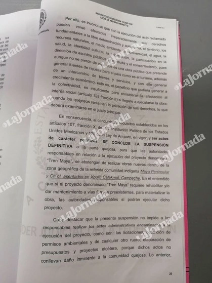 Los efectos también son para que  las autoridades responsables en relación a la ejecución del proyecto “se abstengan de realizar obras nuevas dentro de la zona geográfica de la referida comunidad indígena Maya Penínsular y 
Ch´ol, asentados en Xpujil, Calakmul, Campache. Foto 'La Jornada'