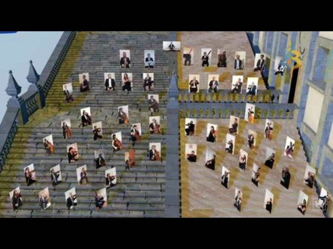 Desde sus viviendas, los músicos de la Orquesta Sinfónica de la Universidad de Guanajuato grabaron su interpretación de la quinta sinfonía de Beethoven; luego, se hizo una edición digital que se transmitió de forma virtual a través de pantallas colocadas en las escalinatas de la casa de estudios. Foto cortesía FIC