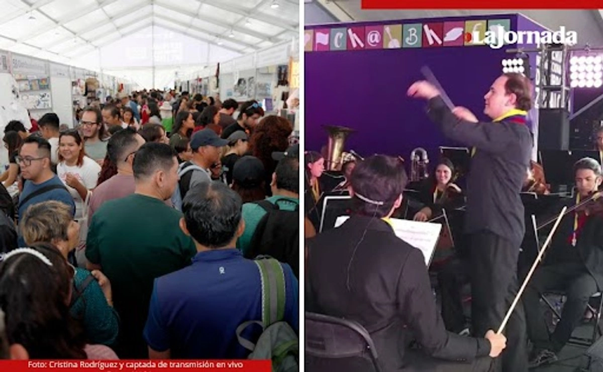 Pasillos abarrotados y, abajo, imagen de la presentación de la orquesta Juan José Landaeta, de Venezuela. 