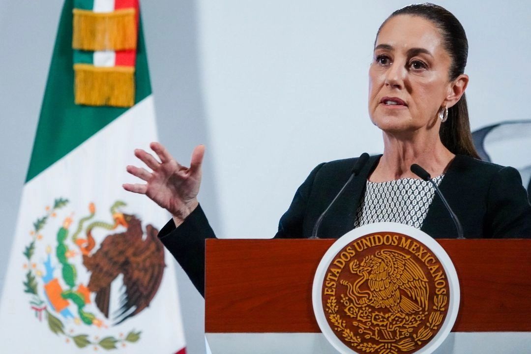 La presidenta Claudia Sheinbaum, durante su conferencia de esta mañana desde Palacio Nacional. 