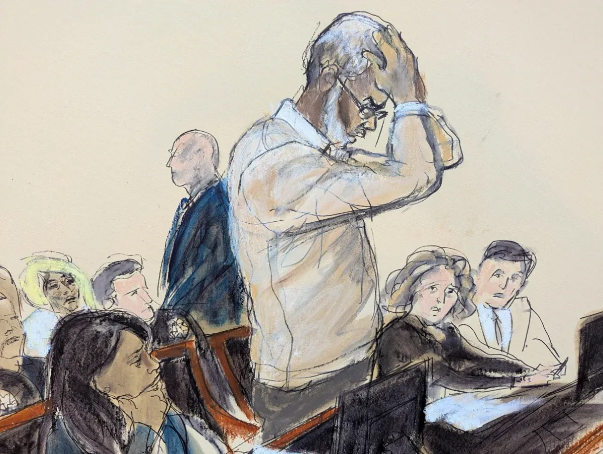 En este sketch judicial, Sean 'Diddy' Combs reacciona al declarar durante su audiencia de sentencia en el tribunal federal de Manhattan, el 3 de octubre de 2025, en Nueva York. Foto 
