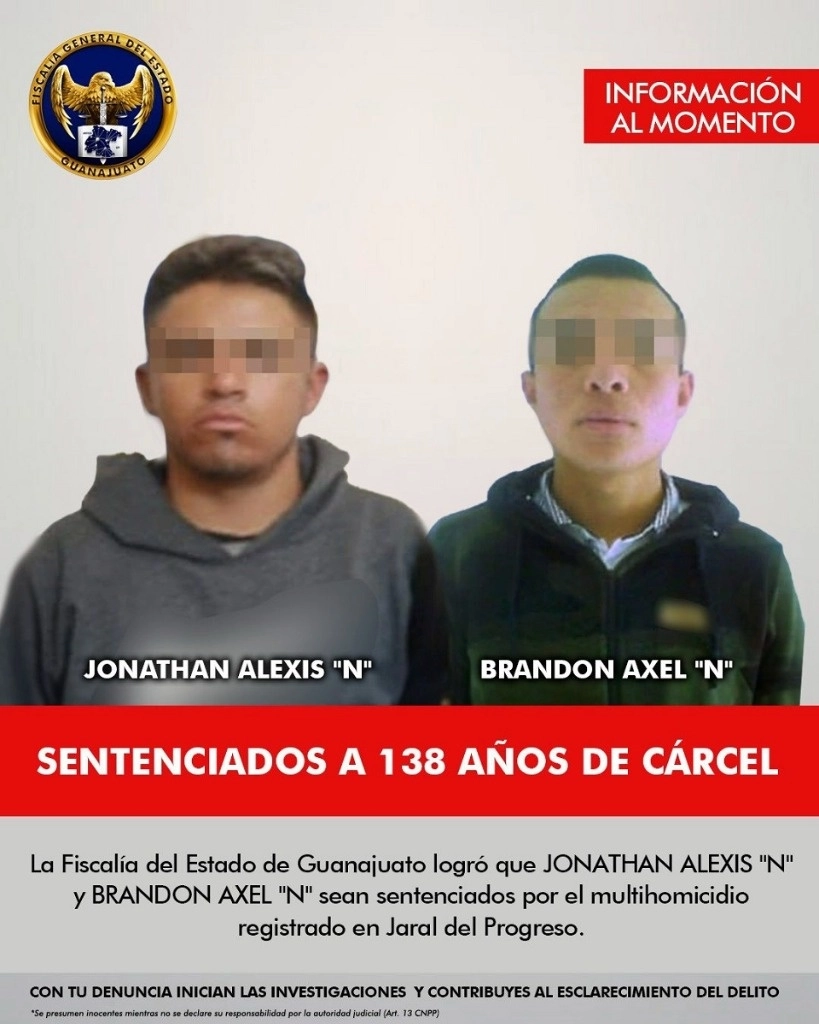 Jonathan Alexis y Brandon fueron sentenciados en Guanajuato a 138 años de cárcel por el asesinato de cuatro personas. Foto Tomada de X @FGEGUANAJUATO
