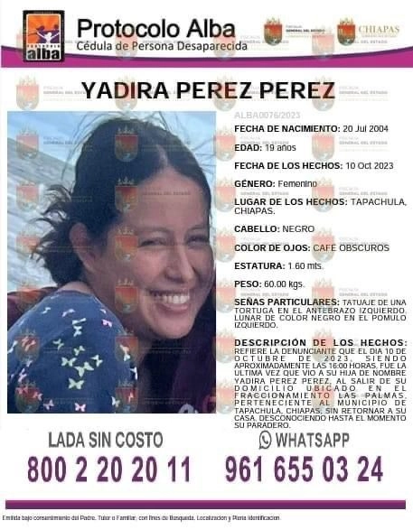 La joven Yadira Pérez Pérez fue reportada como desaparecida el pasado 10 de octubre y su cádaver hallado cuatro días después en Tapachula, Chiapas. Foto de la FGE de Chiapas