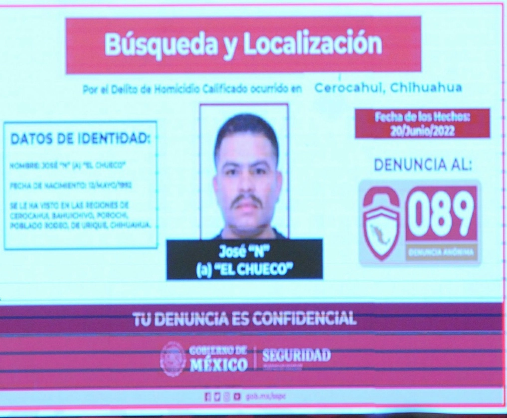 La Ficha de búsqueda y recompensa que publicó en junio de 2022 la Fiscalía General del Estado de Chihuahua, en la que ofrecía una recompensa de cinco millones de pesos a quien otorgara información que condujera a la captura de José Noriel Portillo Gil, alias ‘El Chueco’. Foto Cuartoscuro / Archivo
