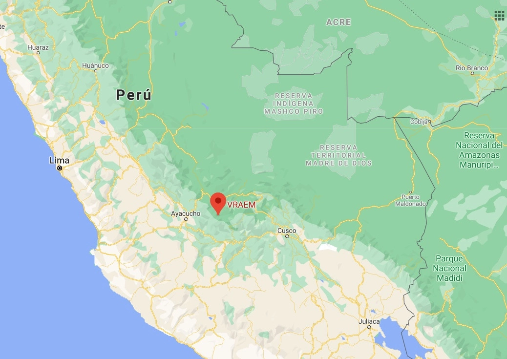El número dos de la guerilla Sendero Luminoso, camarada ‘Raúl’, murió en enero en su reducto del valle cocalero de los ríos Apurímac, Ene y Mantaro. Imagen tomada de Google Maps