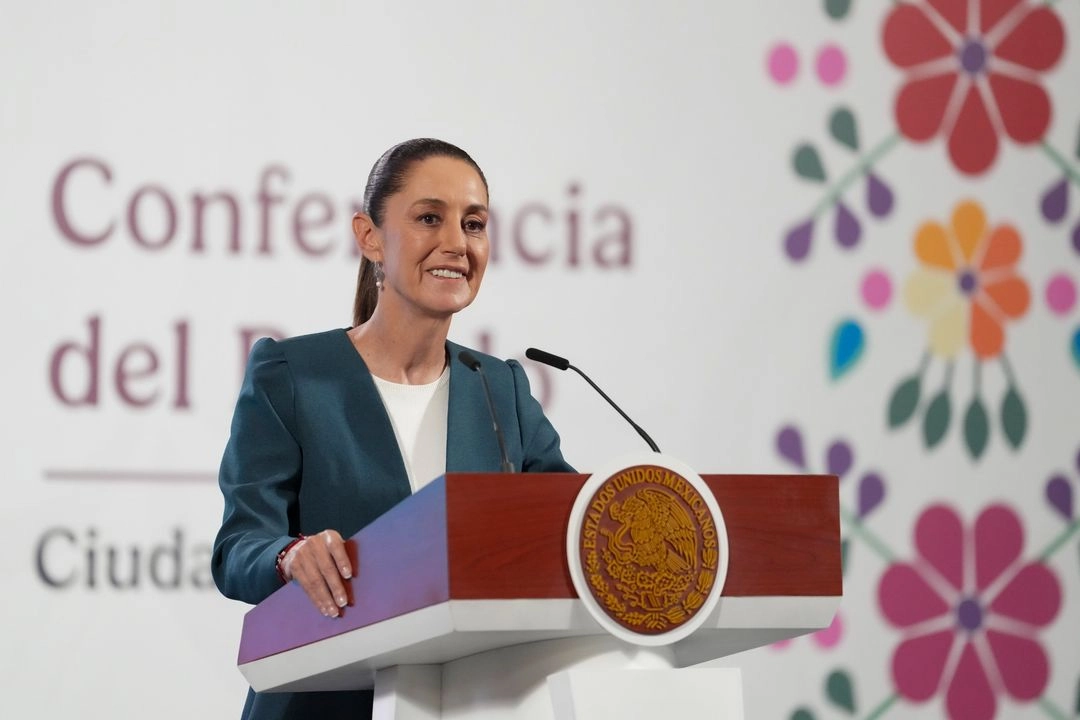 La presidenta de México, Claudia Sheinbaum, durante su conferencia matutina en Palacio Nacional, en la Ciudad de México, el 9 de julio de 2025. 