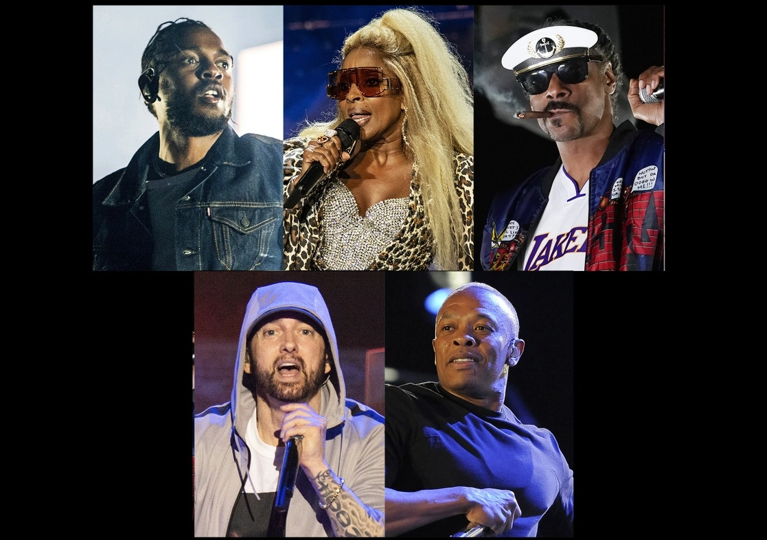 Dr. Dre, Snoop Dogg, Eminem, Mary J. Blige y Kendrick Lamar serán los encargados de amenizar el medio tiempo del Super Bowl XVI, el próximo 13 de febrero. Foto Ap
