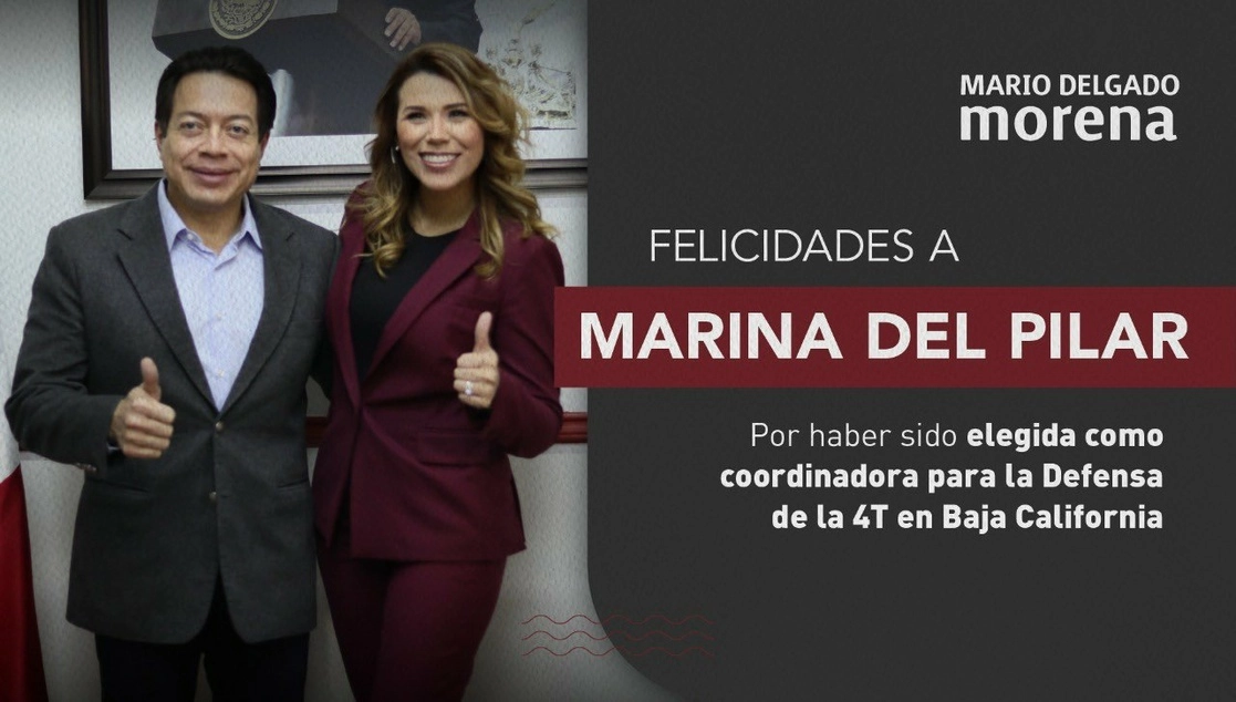 El presidente nacional de Morena, Mario Delgado, y la alcaldesa de Mexicali, Marina del Pilar Ávila Olmeda. Foto tomada del Twitter de @mario_delgado