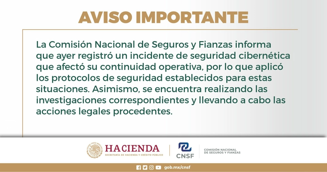 La CNSF reportó que tras el ataque cibernético ya realizan las acciones legales pertinentes. Foto Tomada del Twitter @CNSF_gob_mx