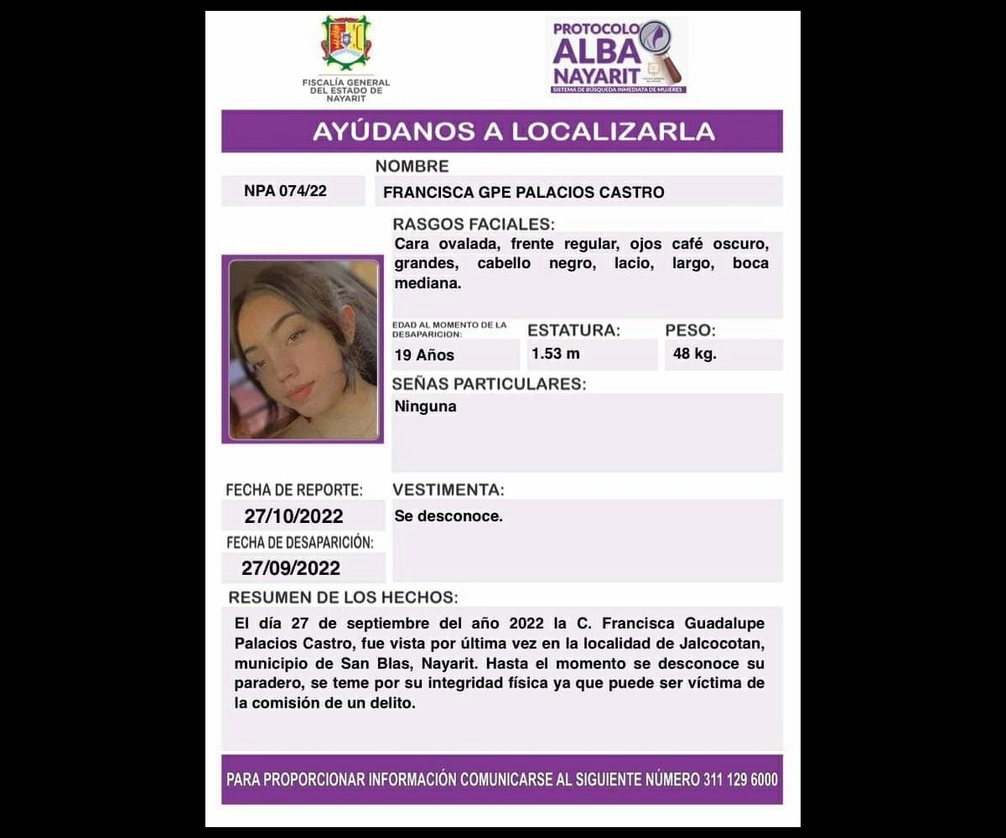 La Fiscalía de Nayarit confirmó que el cuerpo sin vida localizado el pasado sábado corresponde a Francisca "N", desaparecida el 27 de septiembre pasado en la comunidad de Jalcocotán, municipio de San Blas. Foto cortesía FGE