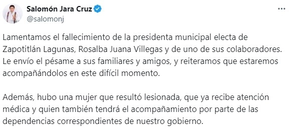 El gobernador del estado de Oaxaca, Salomón Jara Cruz, informó a través de su cuenta de X sobre el fallecimiento de la edil. Foto Tomada de X @salomonj
