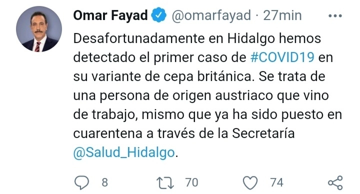 El gobernador informó del caso en su cuenta de twitter.