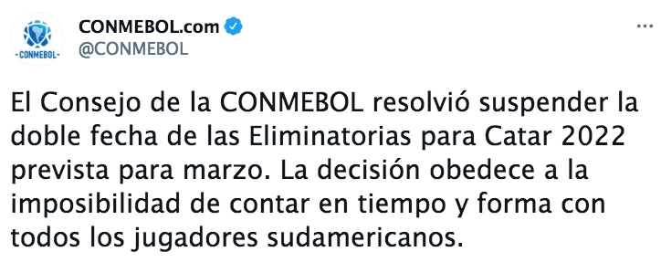 La Conmebol informó la suspensión de la doble fecha FIFA del mes de marzo. Foto Twitter @CONMEBOL