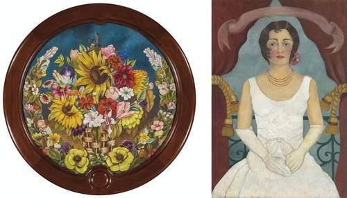 Canasta con flores, 1941 (izquierda), y Retrato de una dama en blanco, ca. 1929, de Frida Kahlo. Foto tomadas del sitio web de Christie’s