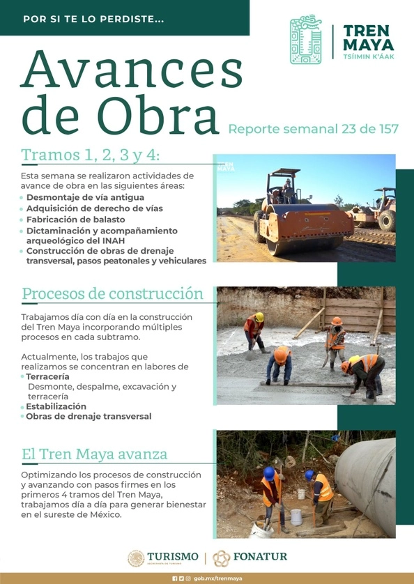 Ficha de los avances de la obra en los primeros tramos. Foto @TrenMayaMX