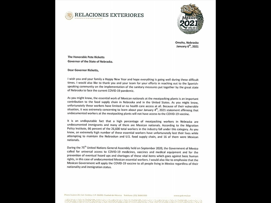 La carta enviada por la cónsul de México en Omaha, Nebraska, Guadalupe Sánchez Salazar, al gobernador Pete Ricketts. Imagen tomada del Twitter de @r_velascoa