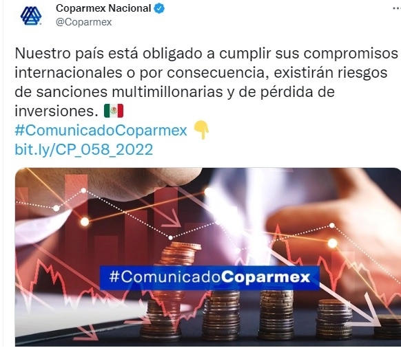 Publicación de Coparmex en su cuenta de twitter