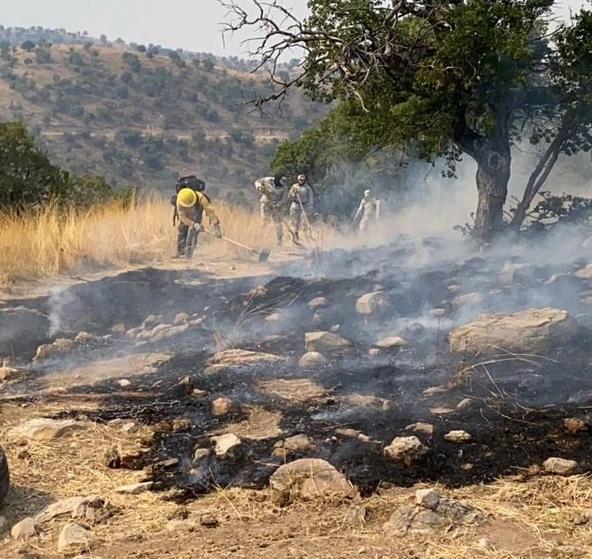 La Guardia Nacional, en coordinación con autoridades forestales y de Protección Civil de Sonora, mantienen los trabajos de apoyo para controlar y sofocar incendios forestales en el municipio de Bacoachi. Foto Guardia Nacional #PorMéxicoSiempreEnGuardia.