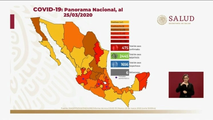 Mapa epidemiológico sobre Covid-19 en México este 25 de marzo de 2020. Imagen Ssa