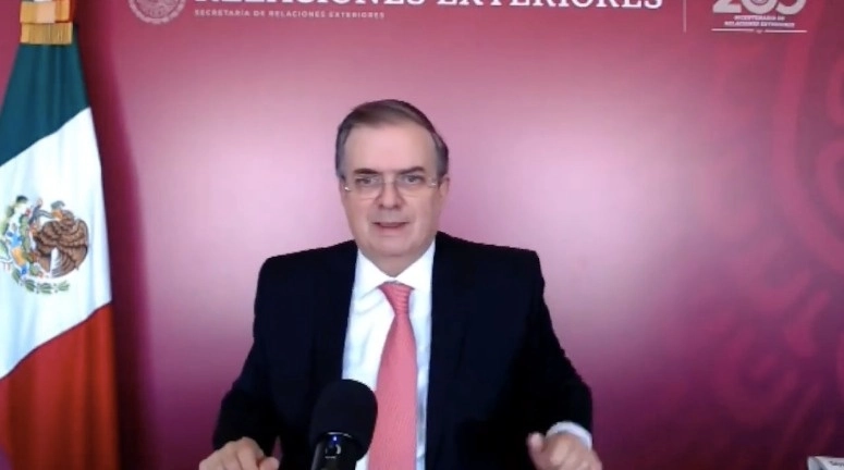 El canciller Marcelo Ebrard durante su intervención en el marco de la Sesión Plenaria de Consejeros Titulares del Consejo Ejecutivo de Empresas Globales, el 26 de noviembre de 2021. Foto tomada del Twitter de @SRE_mx
