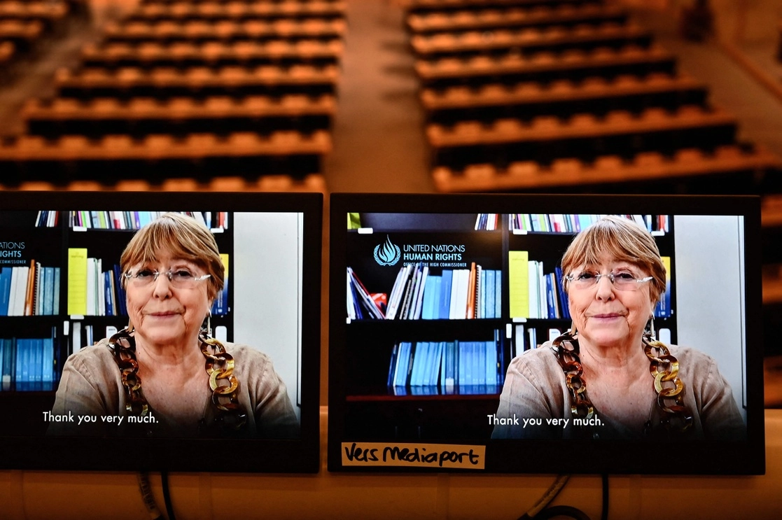 La Alta Comisionada de las Naciones Unidas para los Derechos Humanos, Michelle Bachelet, durante en un enlace en video durante una sesión del Consejo de Derechos Humanos del organismo donde tocó el tema de Bielorrusia, el 25 de febrero de 2021. Foto Afp