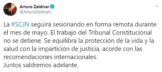 Mensaje publicado por el ministro presidente de la Corte, Arturo Zaldívar, en su cuenta de Twitter 