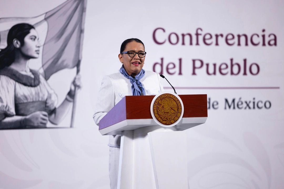 La secretaria de Gobernación, Rosa Icela Rodríguez, encabezó la conferencia matutina en Palacio Nacional ante la ausencia de la presidenta Claudia Sheinbaum, el 9 de abril de 2025. 

