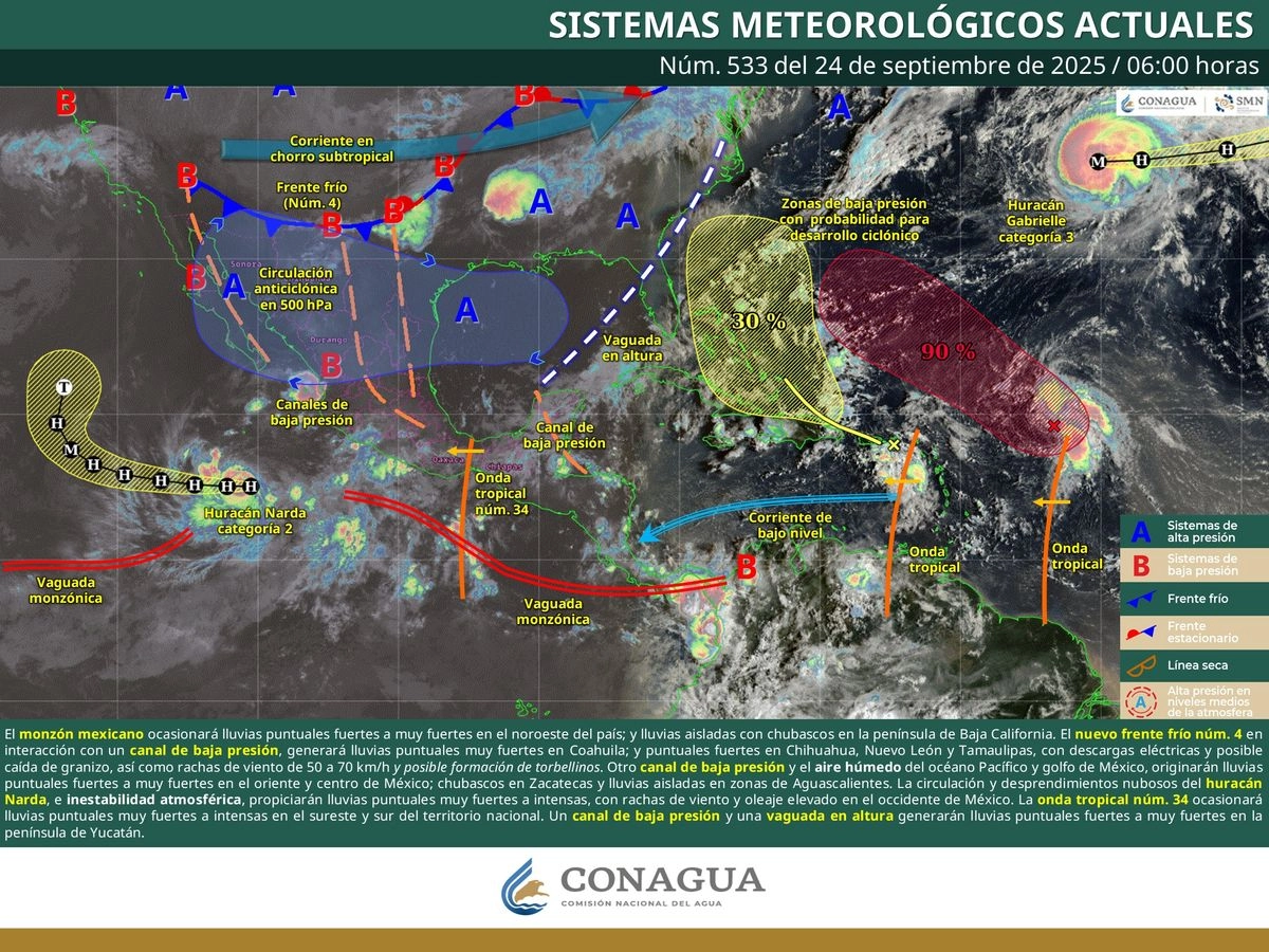 El huracán ‘Narda’ categoría 2 sigue alejándose de las costas mexicanas. Su centro se localizó a 760 km al suroeste de Playa Pérula, Jalisco, y a 870 km de Cabo San Lucas, BCS, con vientos máximos sostenidos de 165 km/h y rachas de 205. Imagen tomada de 