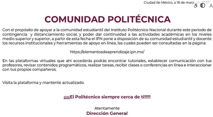 Aviso sobre las clases virtuales emitido por el IPN. Imagen tomada del sitio https://www.ipn.mx/
