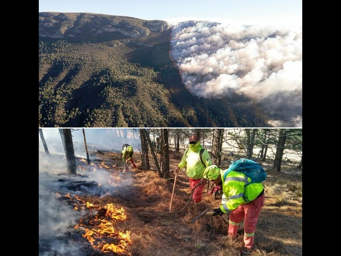 El incendio en la comunidad de La Pinalosa, en el cañón de Rancho Nuevo, municipio de Arteaga, Coahuila, ha consumido más de 5 mil hectáreas de vegetación en esa zona y en la sierra de Santiago, Nuevo León. Foto cortesía Zócalo Saltillo / Gerardo Ávila y Protección Civil de Nuevo León