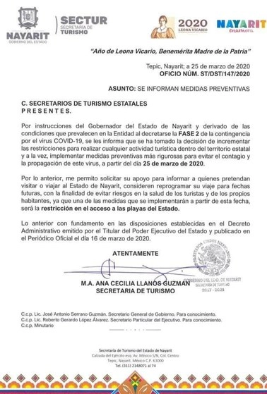 Comunicado de la Secretaría de Turismo de Nayarit donde anuncia restricciones para el acceso a playas  por Covid-19. Foto Twitter @aegnayarit