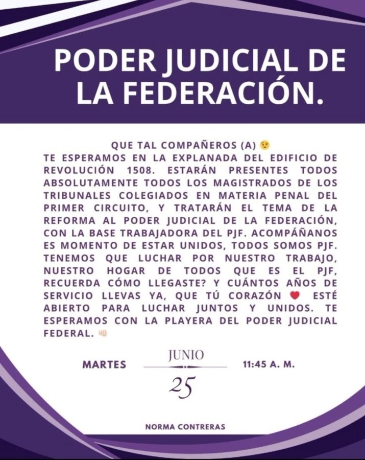 Invitación dirigida a empleados del PJF. Imagen tomada de redes sociales