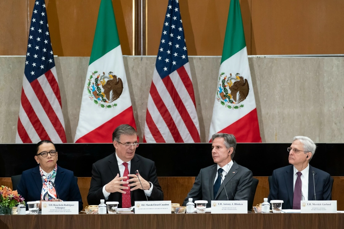 De izquierda a derecha: la secretaria de Seguridad, Rosa Icela Rodríguez; el canciller Marcelo Ebrard; el secretario de Estado de EU, Antony Blinken, y el Fiscal General de EU, Merrick Garland, durante el Diálogo de Seguridad de Alto Nivel entre EU y México en Washington, el 13 de octubre de 2022. Foto Ap