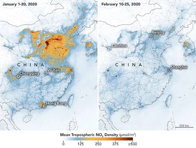 Las imágenes de satélite de la NASA muestran una caída drástica de la contaminación en China que está "parcialmente relacionada" con el brote de coronavirus. Imagen Nasa, vía Afp