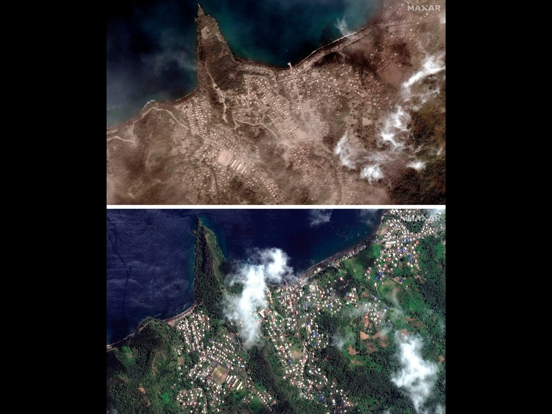 Arriba, Richmond Vale cubierto de ceniza, en San Vincente, en las Antillas, el 13 de abril, un día después de otra erupción de La Soufriere; abajo, el día 2. Foto Maxar Technologies vía Ap