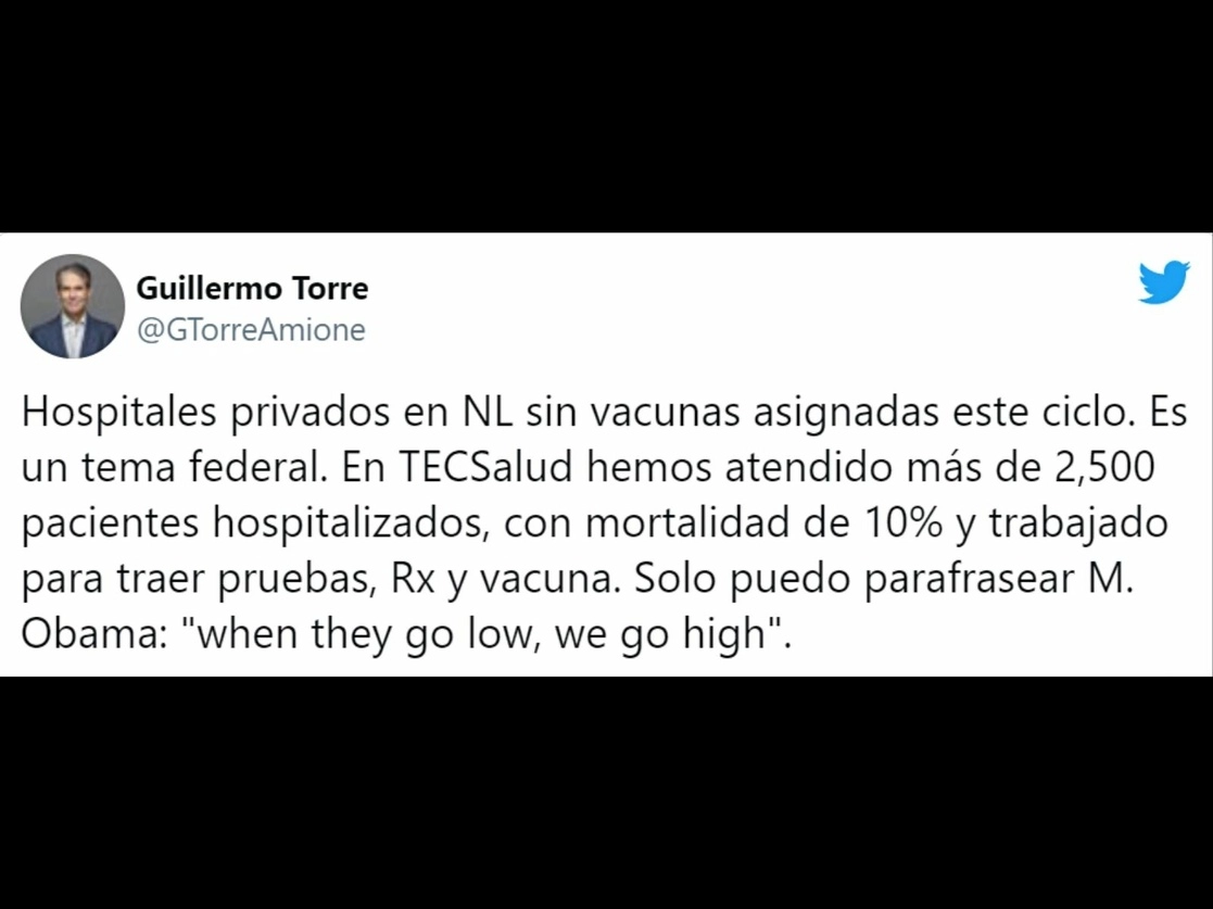 El Sistema de Salud del Tecnológico de Monterrey criticó la decisión del gobierno federal de no inmunizar a personal médico de hospitales privados durante este ciclo de vacunación contra el Covid-19. Imagen tomada del Twitter de @GTorreAmione