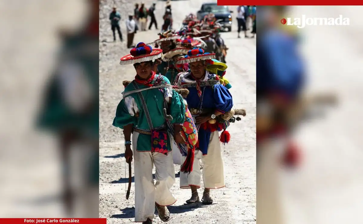 Peregrinos huicholes del grupo de jicareros del Centro Ceremonial de Las Latas durante su paso por la construcción de la carretera Bolaños Huejuquilla, a la altura del cerro Jutze (oso), donde fue enterrada una piedra ceremonial y bloqueado el camino tradicional de la peregrinacion a Wirikuta, el 10  de marzo de 2008. El lugar representa la última puerta de salida de territorio wixárika y la piedra enterrada representa a uno de los guardianes (oso) de la buena ventura de dicha peregrinación hacia Real de Catorce en San Luis Potosí. Foto 