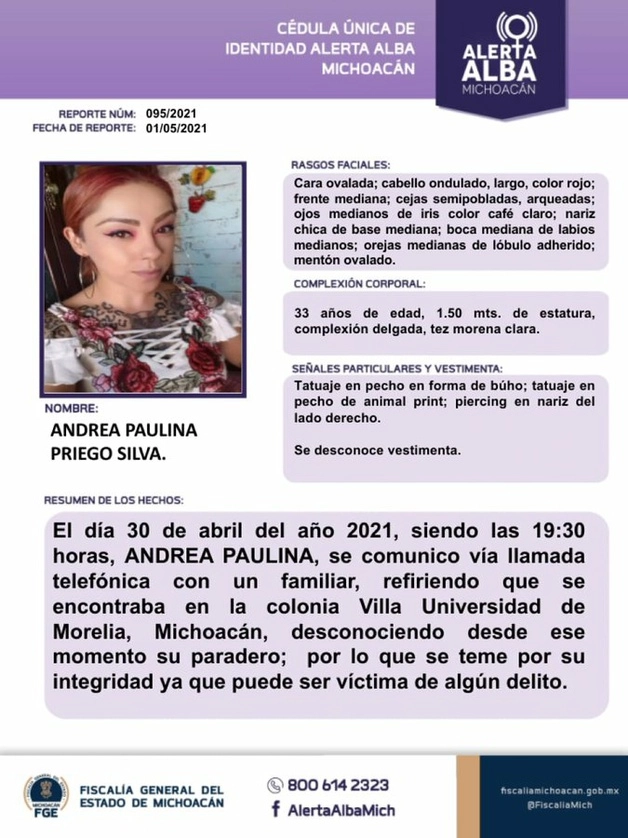 En la tenencia de Atécuaro, de Morelia, fue identificada Andrea Priego Silva, reportada como desaparecida desde el pasado 30 de abril. Foto @AlertaAlbaMich