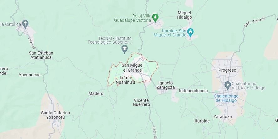 La emboscada se registró  emboscada en el municipio de San Miguel El Grande, en la región de la Mixteca. Imagen de Google Maps
