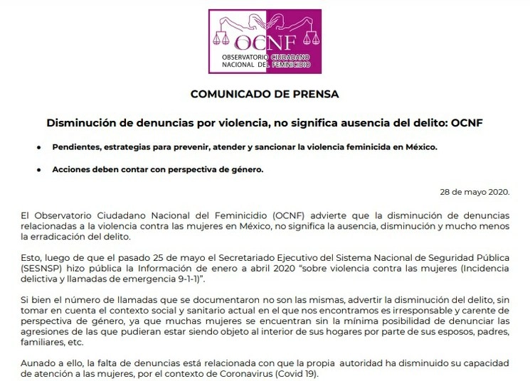 Fragmento de un comunicado emitido por el Observatorio Ciudadano Nacional del Feminicidio. Imagen tomada del Twitter de @OCNF