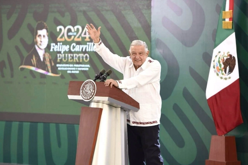 El presidente Andrés Manuel López Obrador, encabeza su tradicional mañanera en Tamaulipas, el 7 de marzo de 2024. Foto cortesía Presidencia 