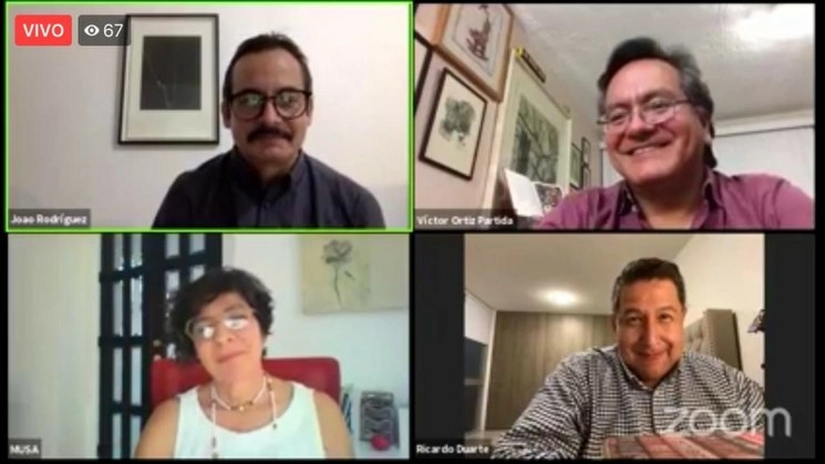 En la reunión participaron Maribel Arteaga, Directora del Museo de las Artes; Ricardo Duarte, curador independiente; y Víctor Ortiz, Coordinador de la Galería de la Librería Carlos Fuentes. Imagen www.facebook.com/UdG.Cultura/videos