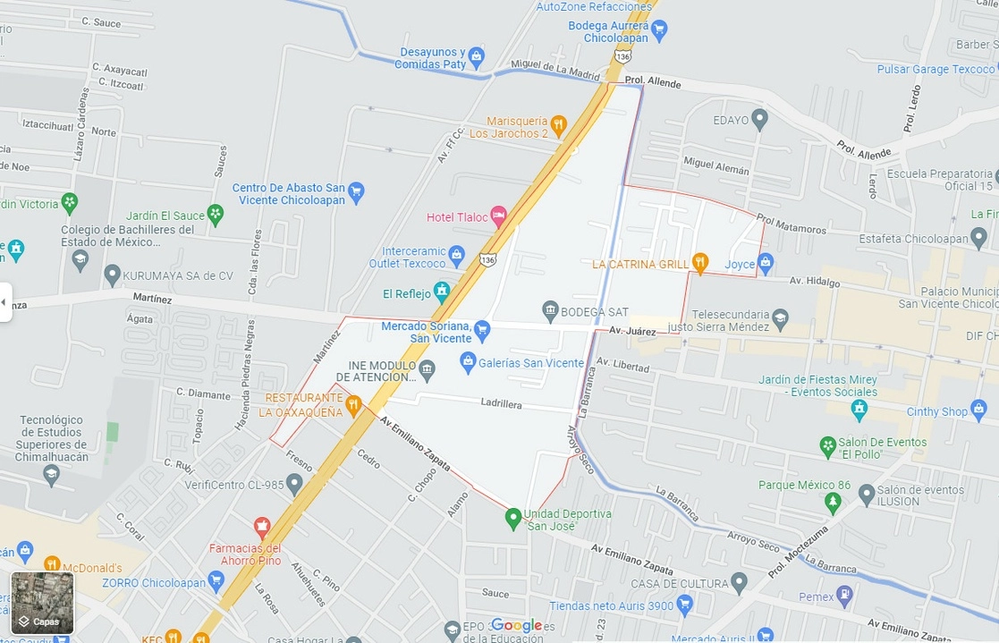 Los dos presuntos secuestradores ueron capturados en un operativo en un domicilio ubicado en San Vicente Chicoloapan, estado de México, donde se rescató a una persona. Imagen tomada de Google Maps 